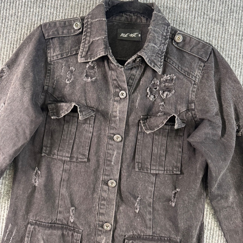 Blue Age Womens S Black Denim Jacket Longline Distressed Utility Grunge Shacket
